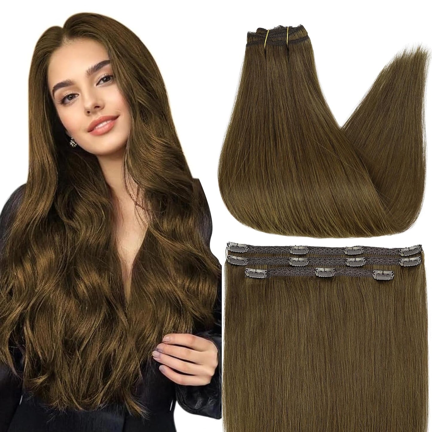 Brown Human Hair Extensions - 16 Inch Clip-In Remy Hair, Straight & Natural | 60 Grams, Medium Brown, 3 Pcs