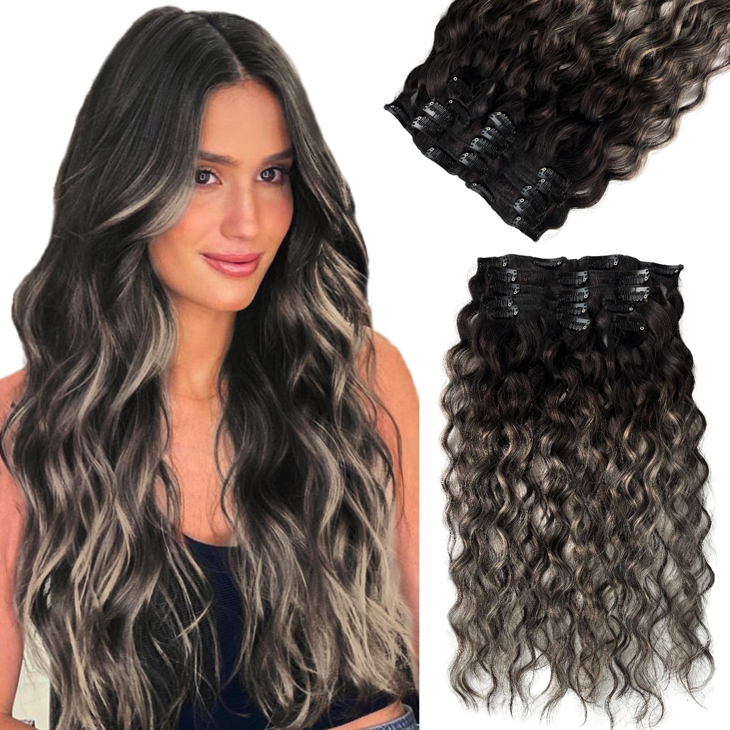 Dark Brown Hair Extensions Real Human Hair Curly Clip in Hair Extensions Real Human Hair 70g 7pcs 16inch Chestnut Brown Water Wavy Soft and Natural Remy Human Hair Extensions (#1bt1b sliver, 16 Inch)
