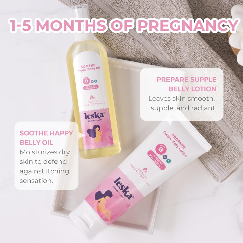Leska Maternity Lotion & Oil | STAGE A: PREPARE & SOOTHE Supple Belly Lotion & Happy Belly Oil (Pregnancy Months 1-5) | Part of a Complete 3-Stage Pregnancy Skincare System | New Mom Gifts (4-4.22oz)