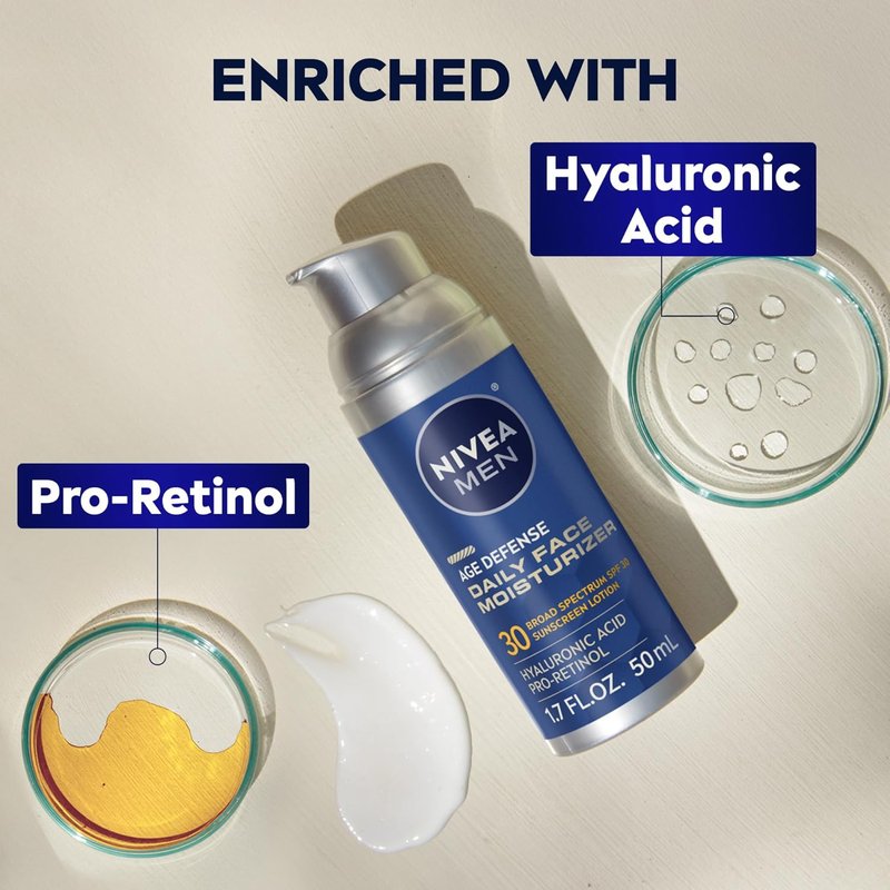 NIVEA MEN Age Defense Daily Face Moisturizer - SPF 30, Pro-Retinol & Hyaluronic Acid | 1.7 Fl Oz