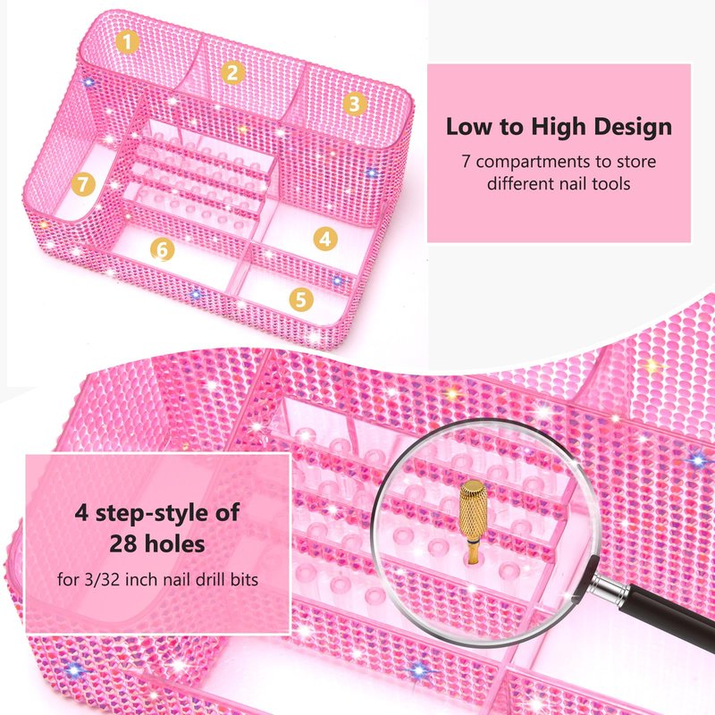 CGBE Nail Drill Holder, 28 Holes Drill Bit Holder for Nails, Professional Nail Tool Organizer, Nail Desk Organizer for Nail Tech, Nail Salon DIY Use - Diamond Pink (Not Including Nail Drill Set)