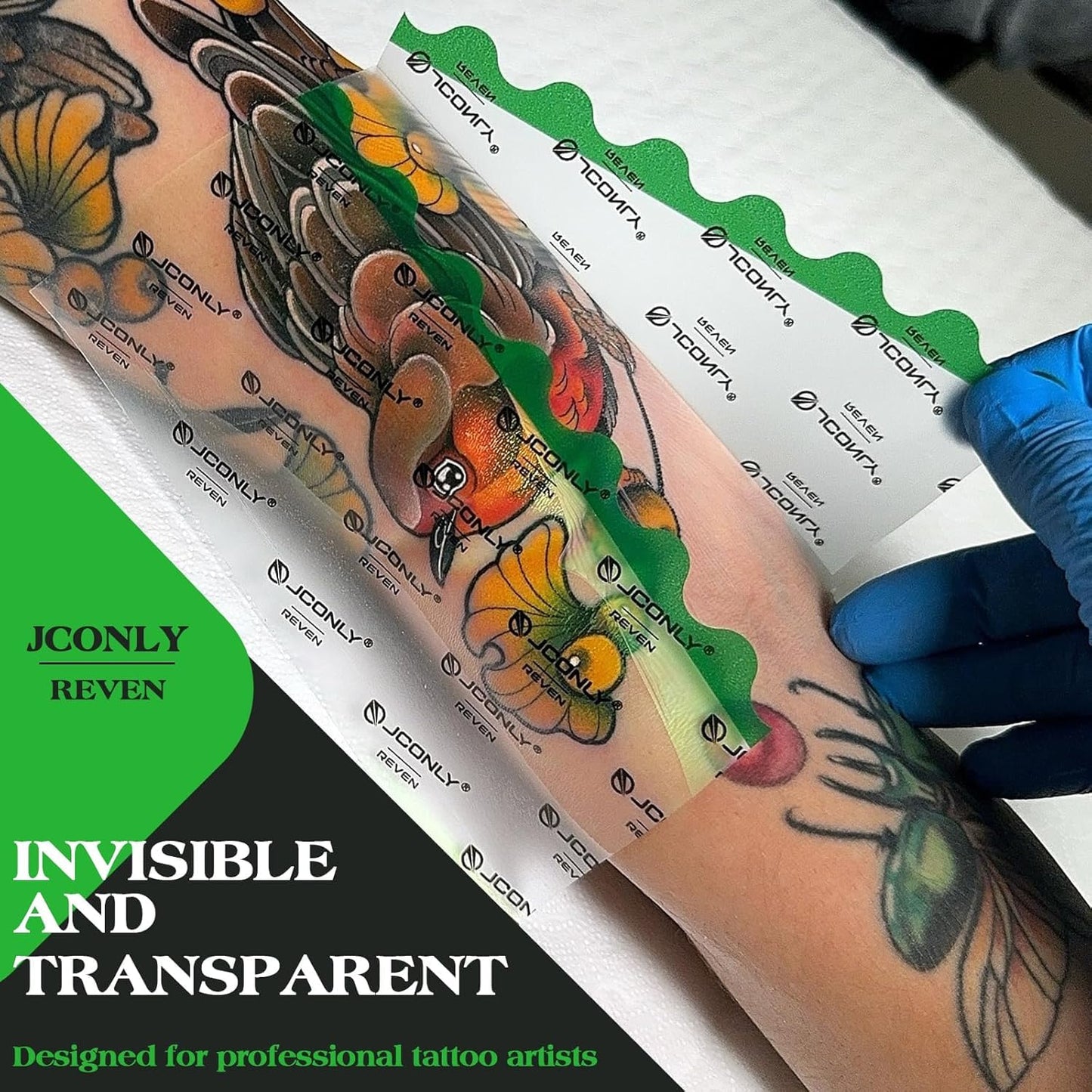 Jconly Reven 8in x 11yd Tattoo Aftercare Bandage Roll - Second Skin Tattoo Cover Up Patch 0.01MM Waterproof Film for Tattoos, 72hr Adhesion & Breathable Healing Patch, Reduces Scabbing