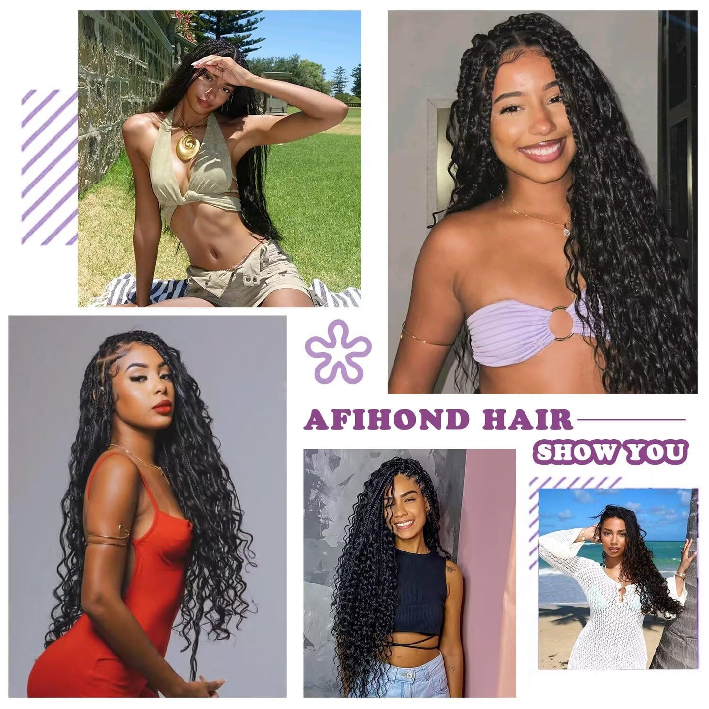 Afihond Human Braiding Hair For Boho Braids Deep Water Wave Bulk Human Hair for Braiding 12A Wet and Wavy Curly 100% Human Hair Extensions 3 Bundles 110g Natural Color 16inch