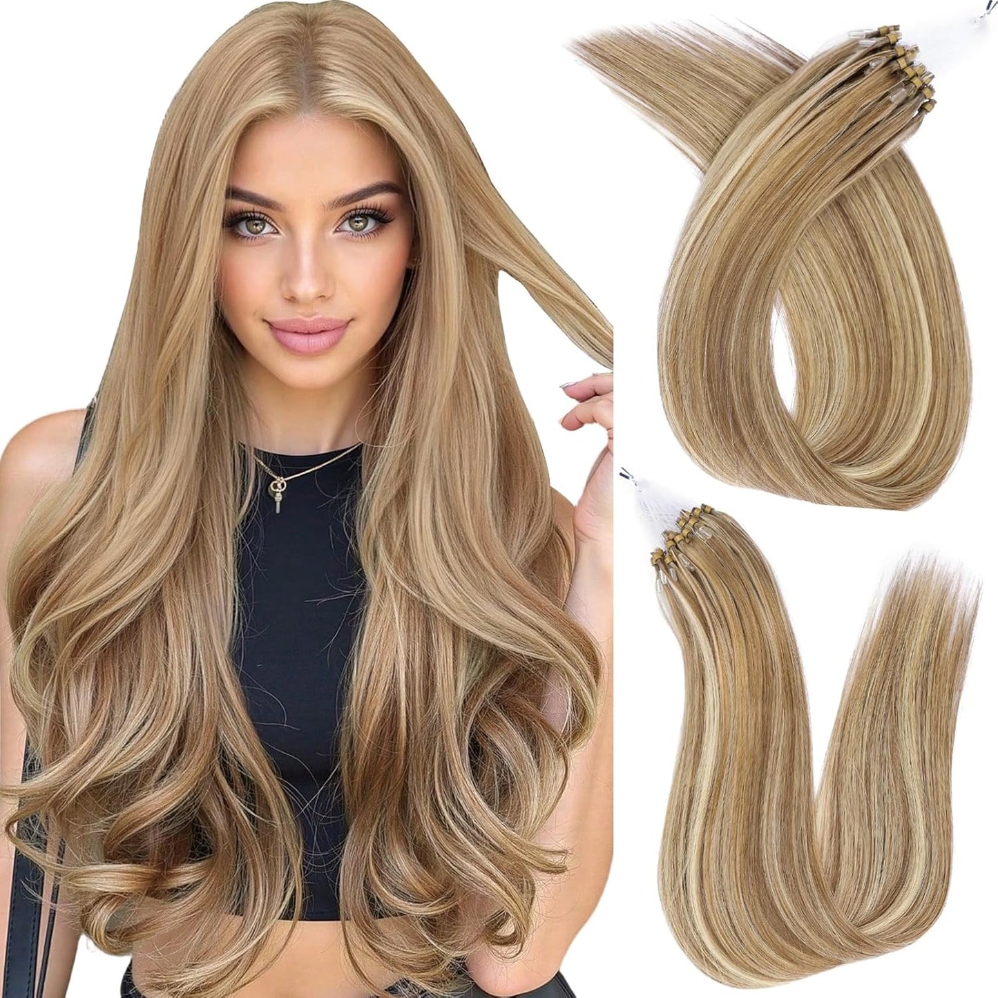 Microlink Hair Extensions - 20 Inch Human Hair, Chocolate Brown to Caramel Blonde | Invisible Straight, 30g