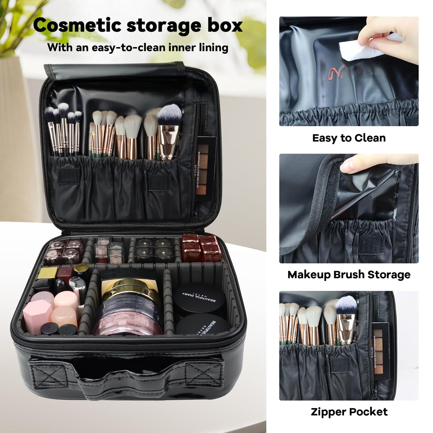 SLUMAZI Travel Makeup Bag Makeup Cosmetic Train Case Organizer Portable Storage Bag with Adjustable Dividers for Cosmetics Makeup Brushes Toiletry Jewelry Black Medium