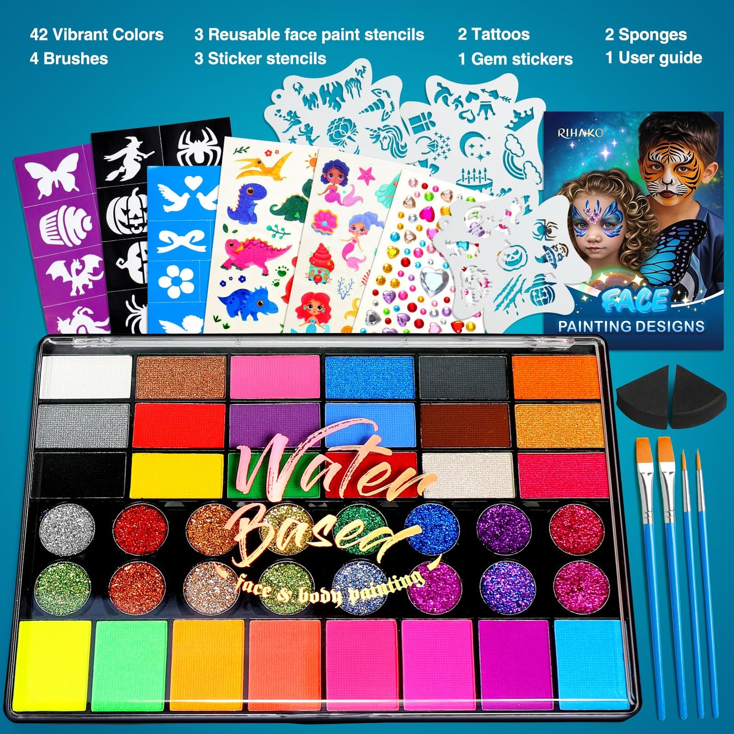 42 Color Face Painting Kit for Party – Non-Toxic Water-Activated Face & Body Paint Palette with Stencils, Brushes & Gems, Long-Lasting, Easy Wash, Ideal for Carnival, Halloween, Cosplay & Festivals