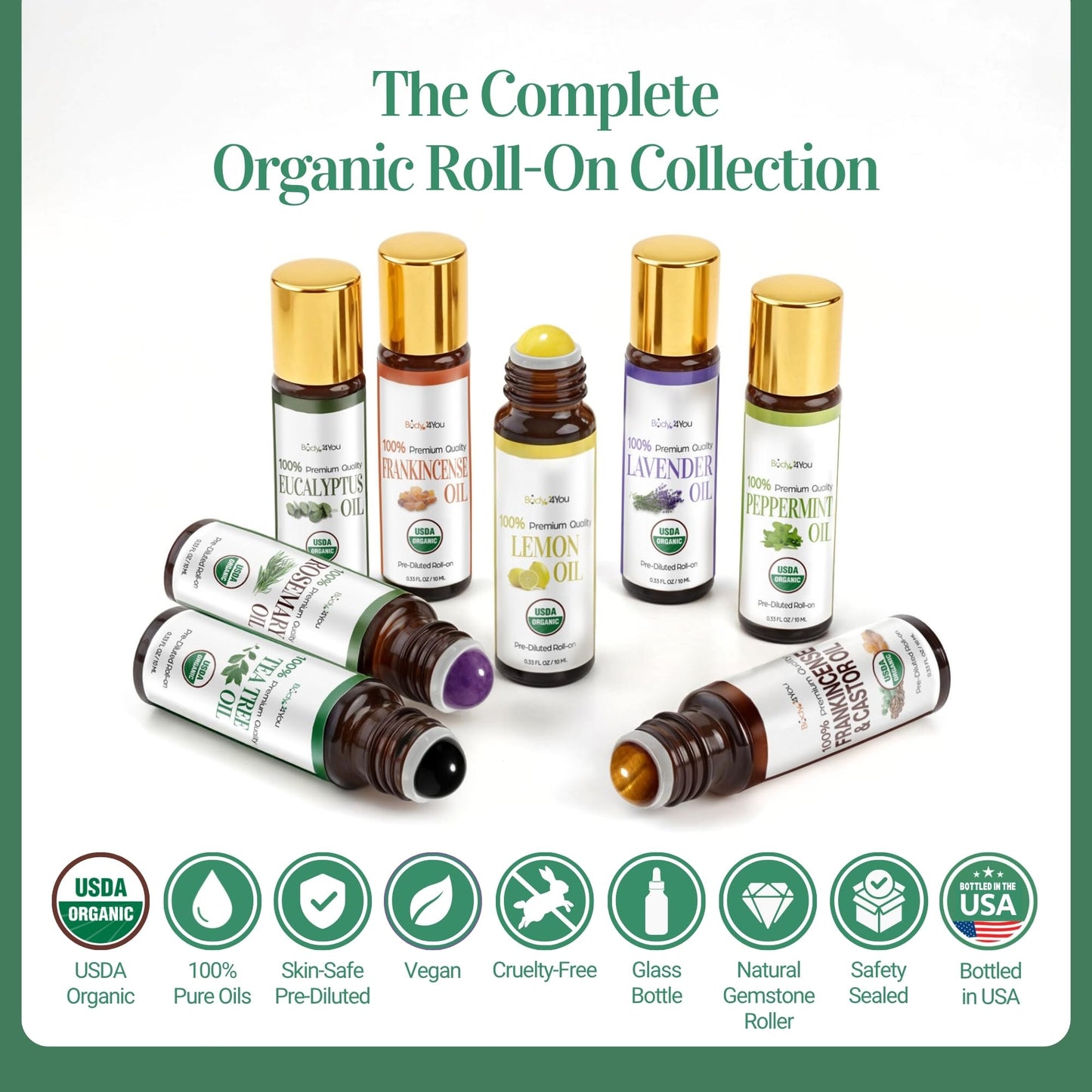 Tea Tree Essential Oil Roll On for Acne Blemish Clear Skin Care - 100% Pure USDA Organic MCT Coconut Oil - Face Body Nail Cuticle Purifying Fresh Skin Care Cleansing - Gemstone Roller 10ml Travel Size