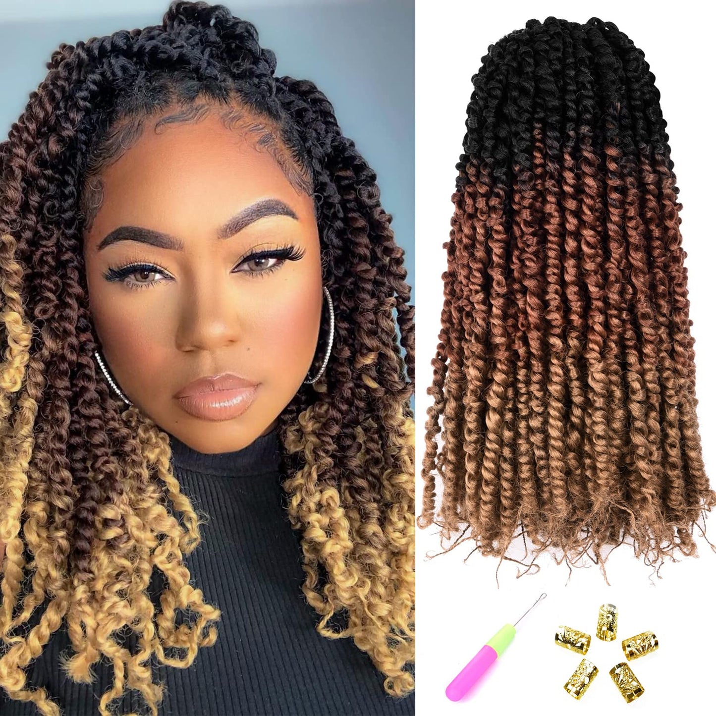 14 Inch Passion Twist Crochet Hair for Black Women 8 Packs Pre-twisted Passion Twist Crochet Braids Pre-looped Bohemian Twist Synthetic Braiding Hair Extensions (12Strands/Pack; T1B/30/27#)