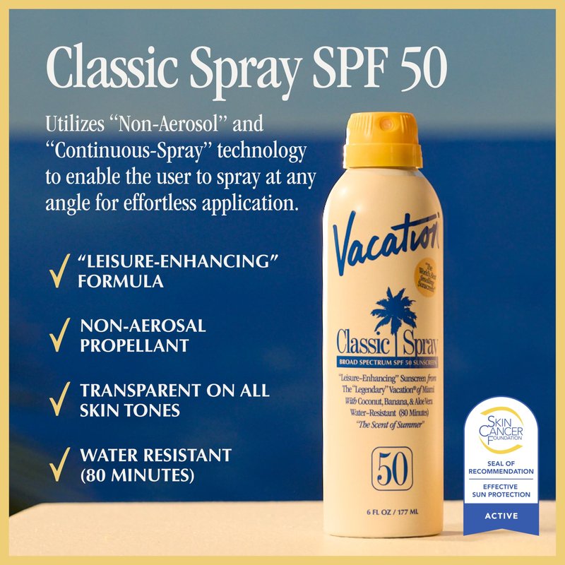 Vacation Classic Sunscreen Spray SPF 50, Water-Resistant, Lightweight, Transparent on All Skin Tones, Dermatologist-Tested, Vegan, 6 Fl. Oz. (Value Pack of 3)