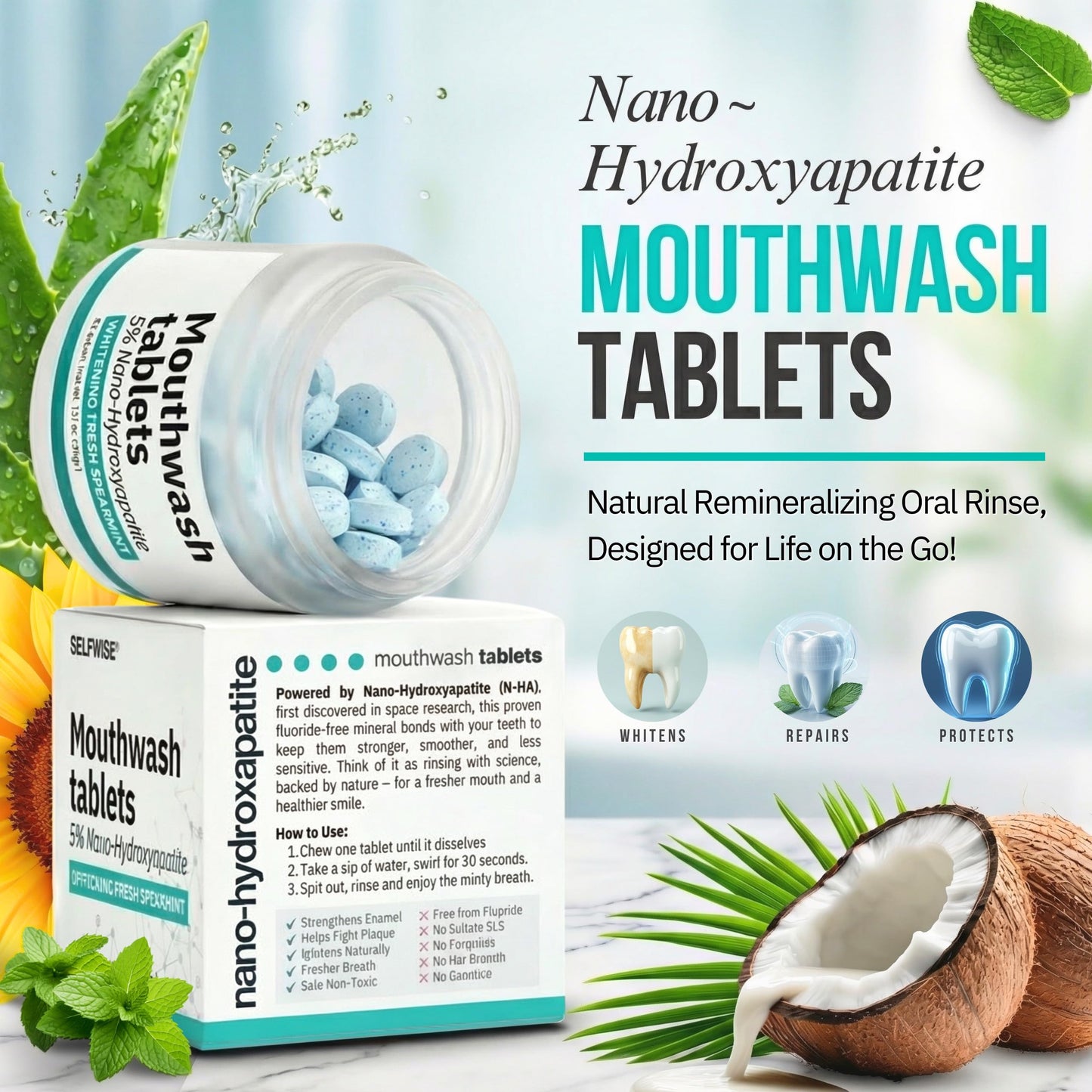 Mouthwash Tablets with Nano-Hydroxyapatite, Alcohol & Fluoride Free Natural Oral Care, Whitening Mouth Wash Tabs for Dry Mouth & Bad Breath. Travel-Friendly, Eco & SLS-Free