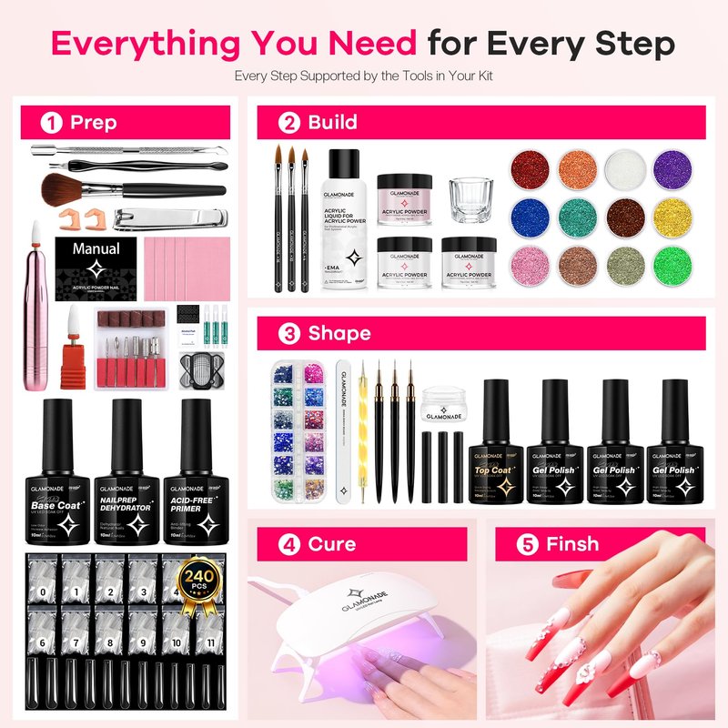 Glamonade Acrylic Nail Kit for Beginners: Professional Nail Set with Drill Acrylic Powder Gel Polish Nail Stamp for Home Starter Practice & DIY Manicure