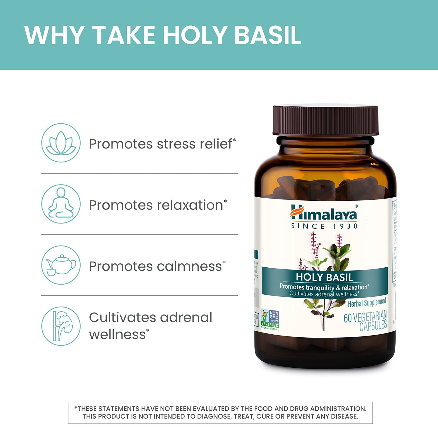 Himalaya Holy Basil Capsules-Herbal Adrenal Support for Stress Relief, Reduce Cortisol, Relaxation, Energy Support and Occasional Sleeplessness - Vegan, Non-GMO, Gluten Free, 720 mg, 120 Capsules