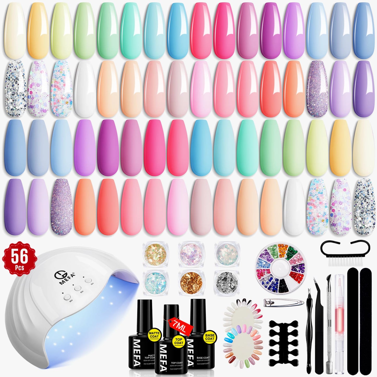 MEFA 32 Colors Gel Nail Polish Kit with U V Light, Spring Gel Nail Kit Pastel Pink Blue Glitter Gel Nail Polish Set with Matte/Glossy Base Top Coat Manicure Tool Nail Art Decorations Gift