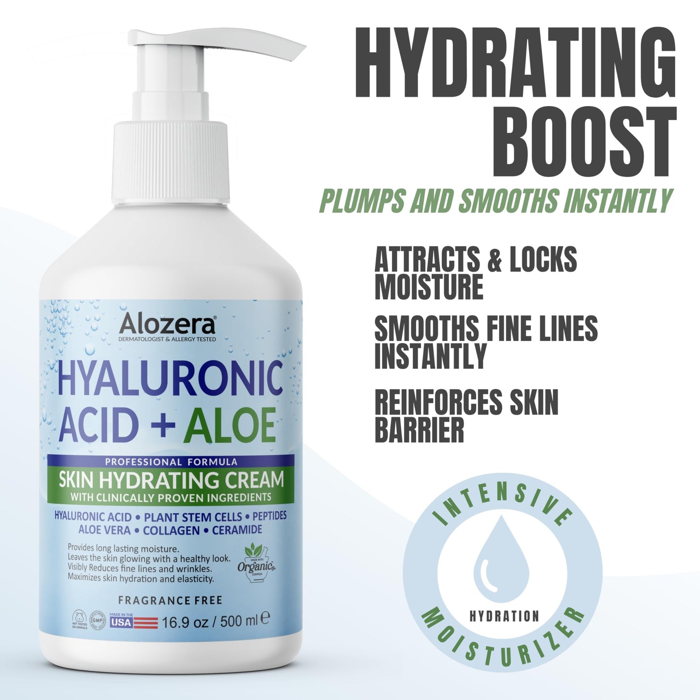 Alozera Hydrating Body Lotion with Hyaluronic Acid & Aloe Vera, Body Moisturizer Cream for Dry Skin, Refreshing Hydration, Lightweight & Fast Absorbing, No Added Fragrance, 16.9 Ounce