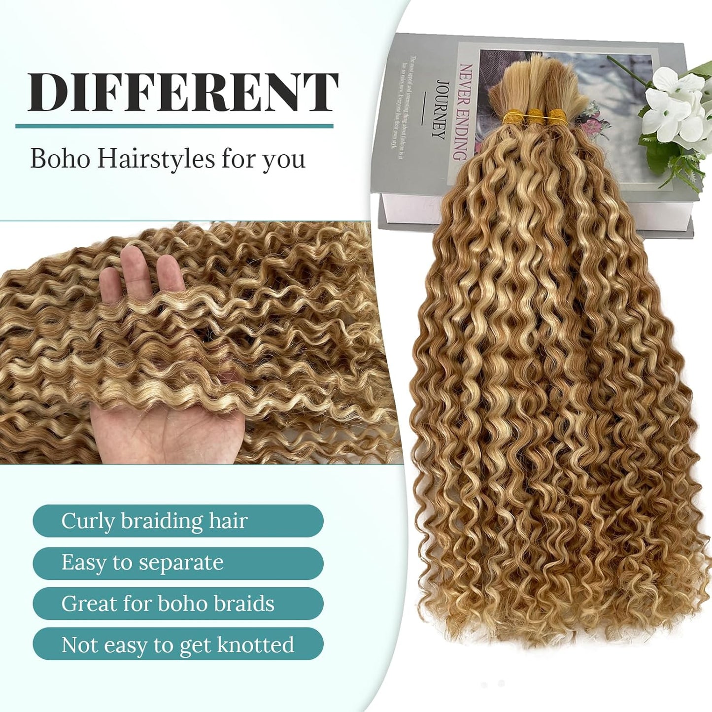 Honey Blonde Water Wave Braiding Hair - Ombre Bulk Human Hair Extensions | 2 Bundles, 100g, 16”