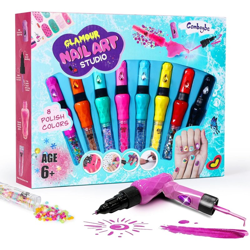 Nail Art Pen Set for Kids - 8 Non-Toxic Glitter Polishes & Doodle Tips | Creative Nail Kit for Girls Ages 7-12