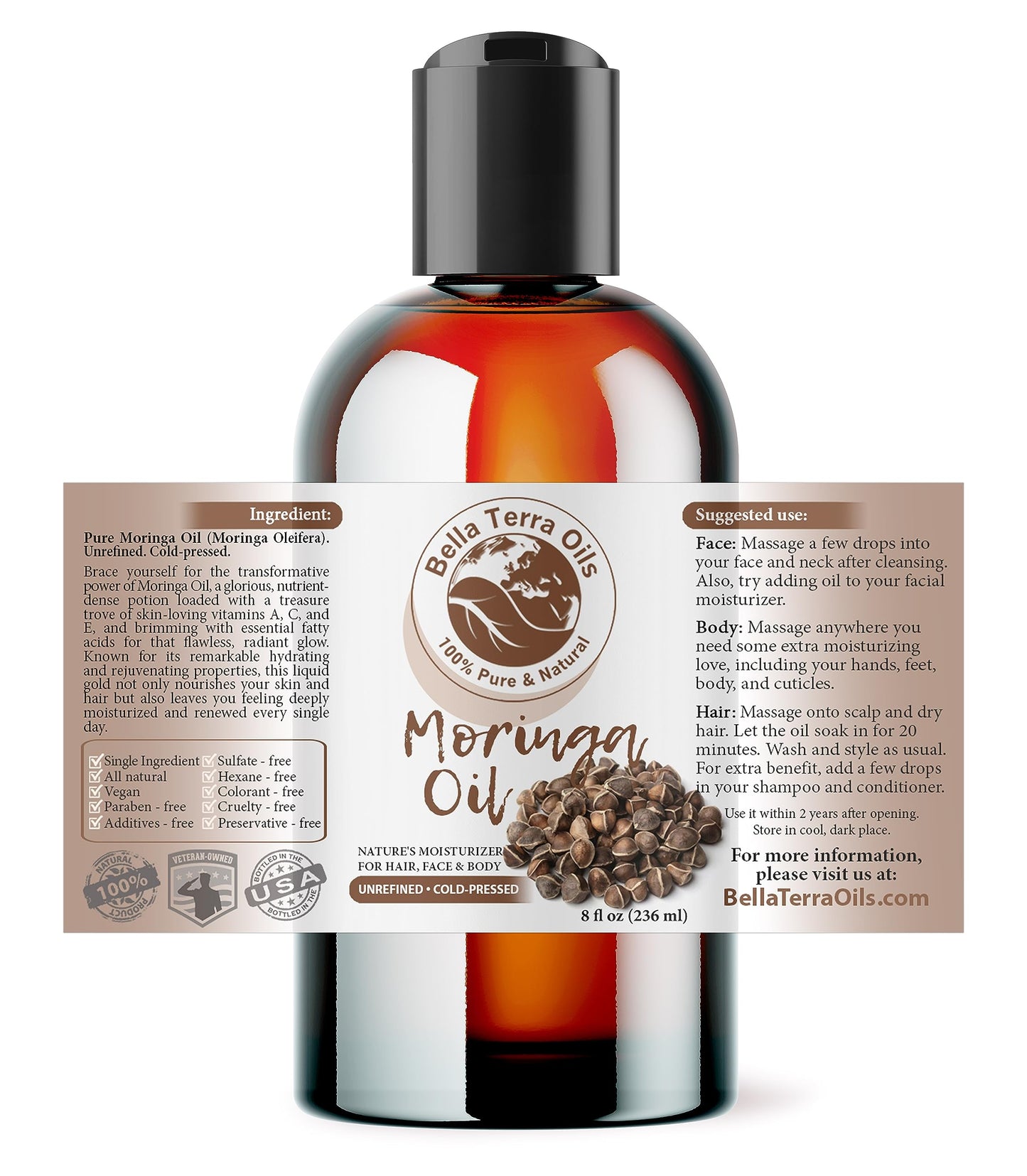 Bella Terra Oils - Natural Moringa Seed Oil 8 oz - A Symphony of Nutrients & Fatty Acids, Elevating Beauty Rituals with Natural Nourishment
