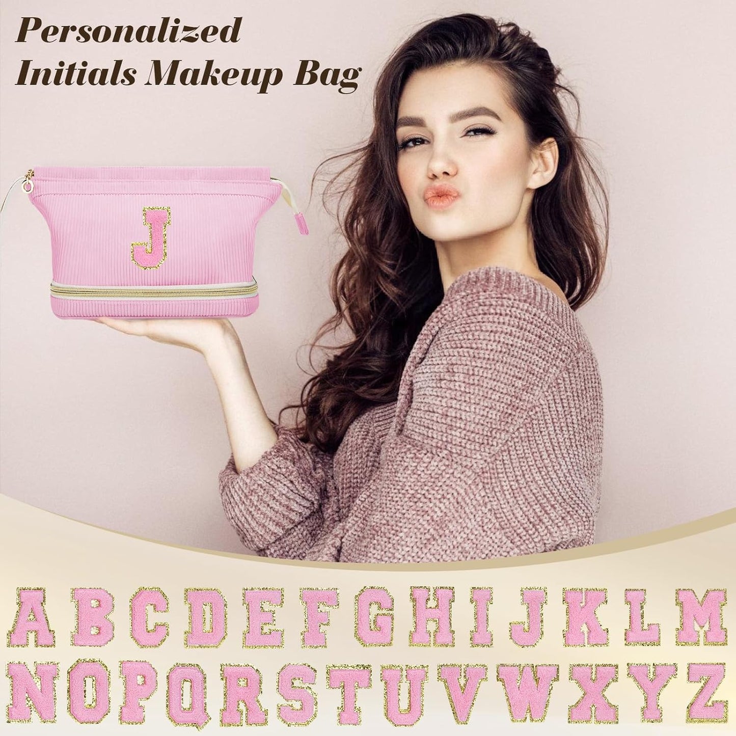 Personalized Initial Makeup Bag - Unique Birthday Gift for Girls & Women | Travel Cosmetic Bag - Pink C
