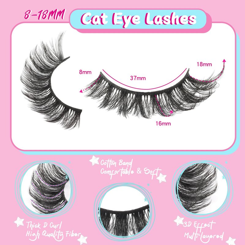 Fyonas Cat Eye Lashes Wispy False Eyelashes Fluffy Faux Mink Lashes 8 Pairs D Curl Fake Lashes Multi-layered Strip Lashes 8-18mm Lash Kit with Lash Glue and Tweezers (Hottie)