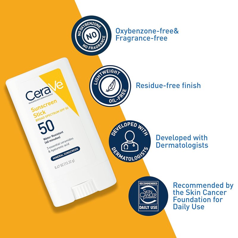 CeraVe Mineral Sunscreen Stick SPF 50 - Broad Spectrum Protection with Hyaluronic Acid & Ceramides | Fragrance-Free, Oil-Free