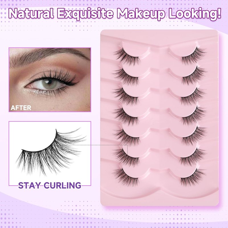 Natural Look Half Eyelashes - 14mm Cat Eye Wispy Lash Strips | 3D Volume Soft C Curl, 7 Pairs