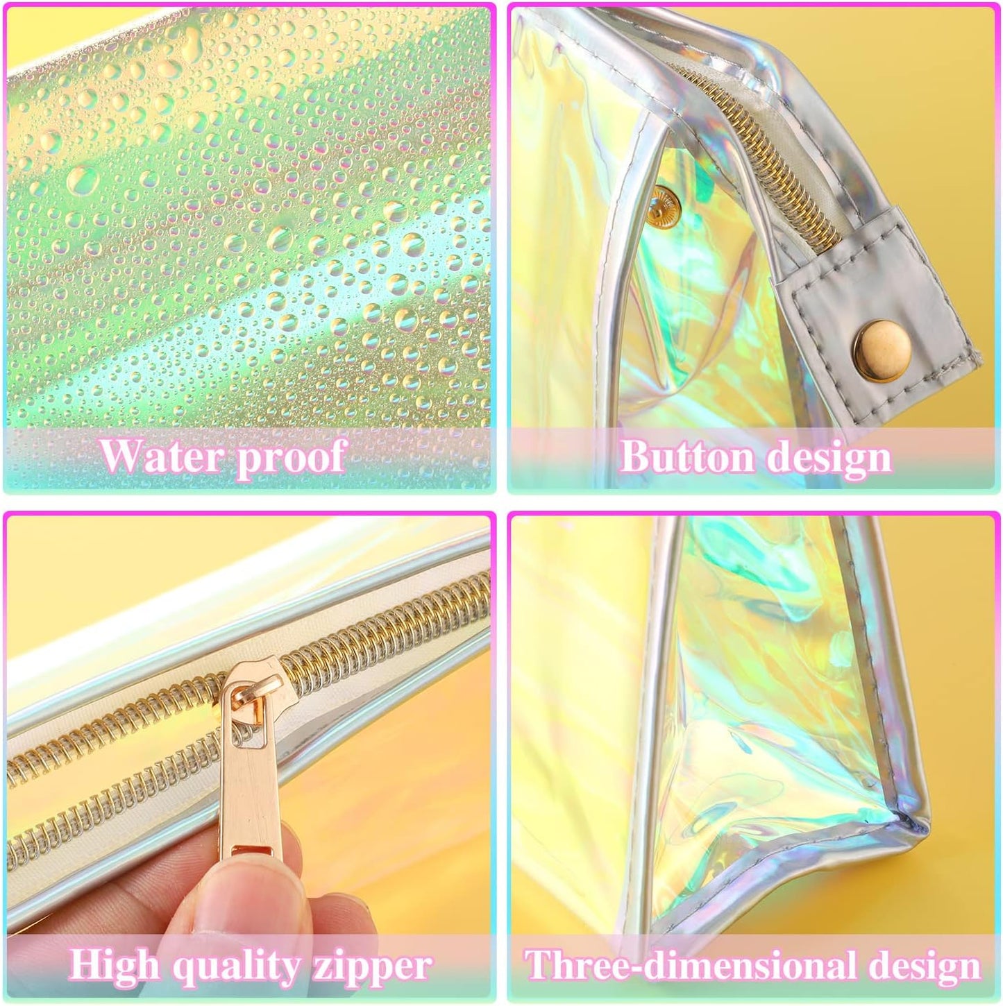 Holographic Makeup Bags - 10 Pcs Clear PVC Zippered Toiletry Pouches | Waterproof Iridescent Cosmetic Bags for Travel & Parties