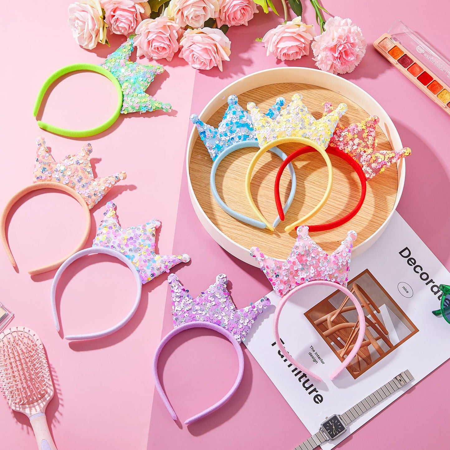 Jenaai 24 Packs Princess Crowns Headband Glitter Headbands Crown Party Favors Princess Birthday Party Decorations for Girls