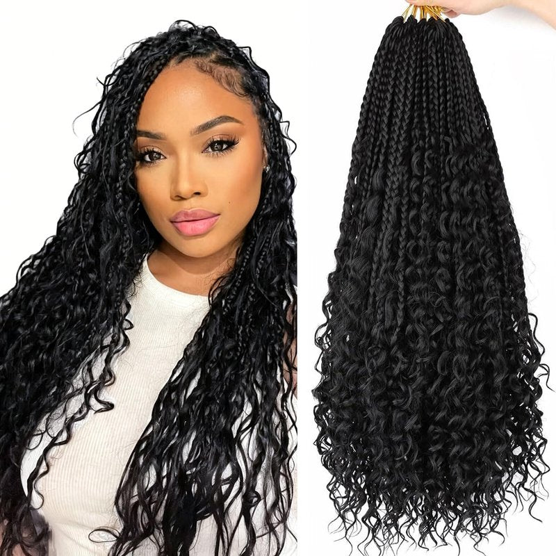 LYCSOU Goddess Box Braids Crochet Hair 1B - 18 Inch 8 Packs Crochet Box Braids Pre-looped Bohemian Boho Box Braids Crochet Hair with Curly Ends Synthetic Crochet Hair for Black Women