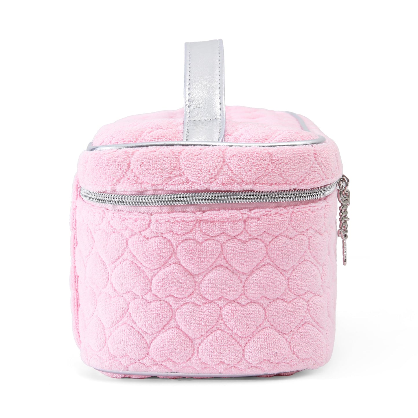 Juicy Couture Pink Makeup Bag Cosmetics Organizer Travel Essentials Train Case Terry Cloth Simulated Pearl Logo
