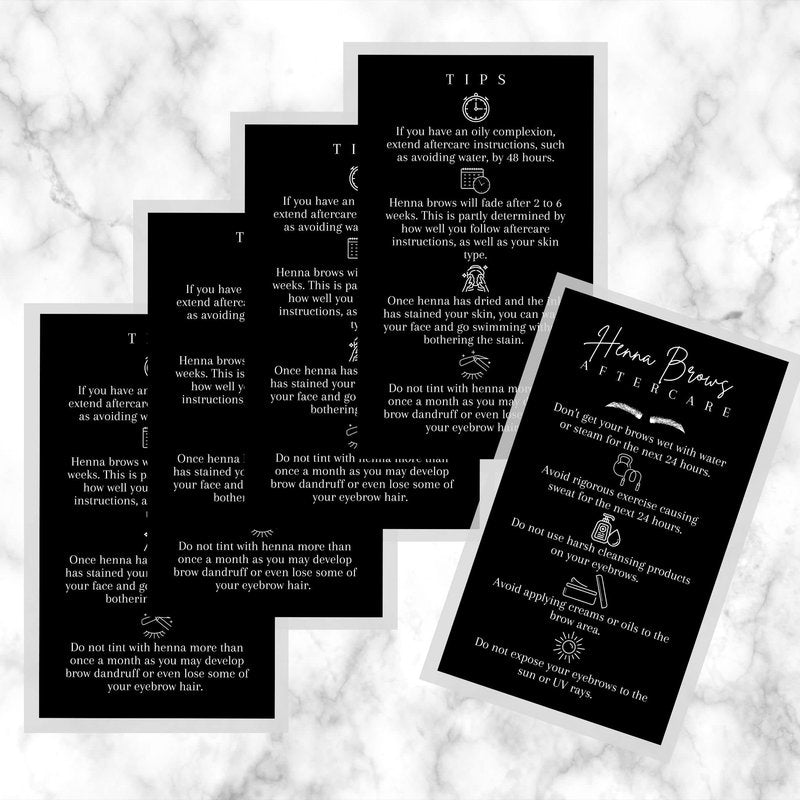 Brow Henna Aftercare & Tips Cards 50pk 2 x 3.5” Brow Artist Supplies Henna Brow Care Black and White Design