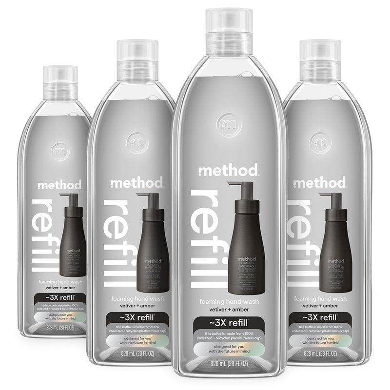 Method Premium Foaming Hand Wash Refill, Vetiver + Amber, Recyclable Bottles, 28 fl oz (Pack of 4) (Packaging May Vary)