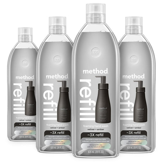 Method Premium Foaming Hand Wash Refill, Vetiver + Amber, Recyclable Bottles, 28 fl oz (Pack of 4) (Packaging May Vary)