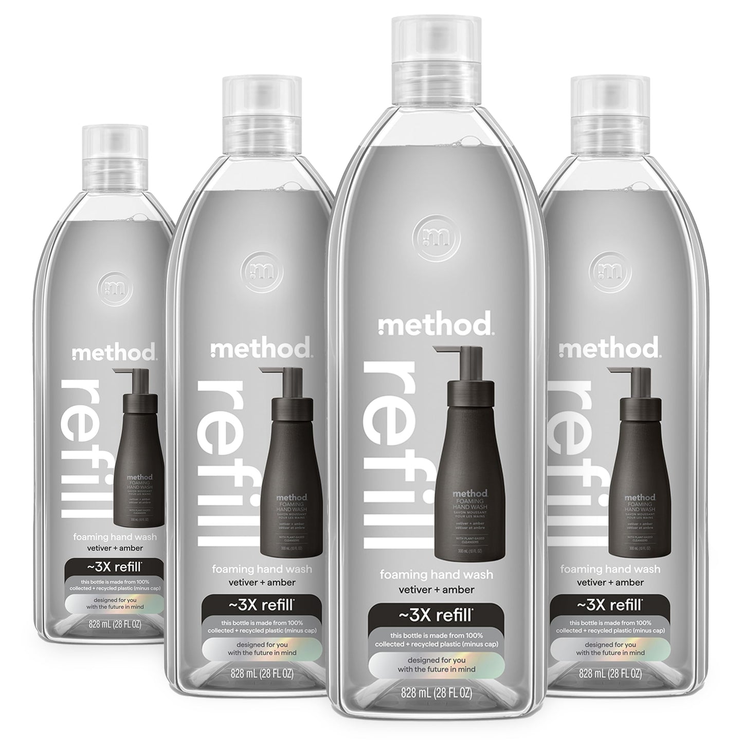 Method Premium Foaming Hand Wash Refill, Vetiver + Amber, Recyclable Bottles, 28 fl oz (Pack of 4) (Packaging May Vary)