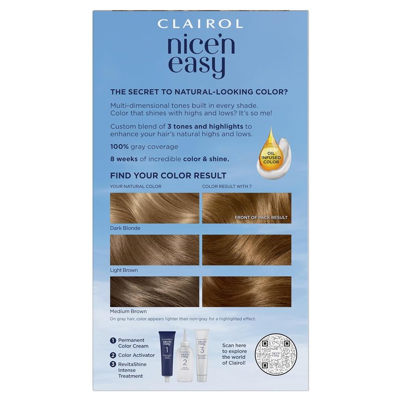 Clairol Nice'n Easy Permanent Hair Dye - 7 Dark Blonde | 100% Gray Coverage & Natural Shine | Pack of 3