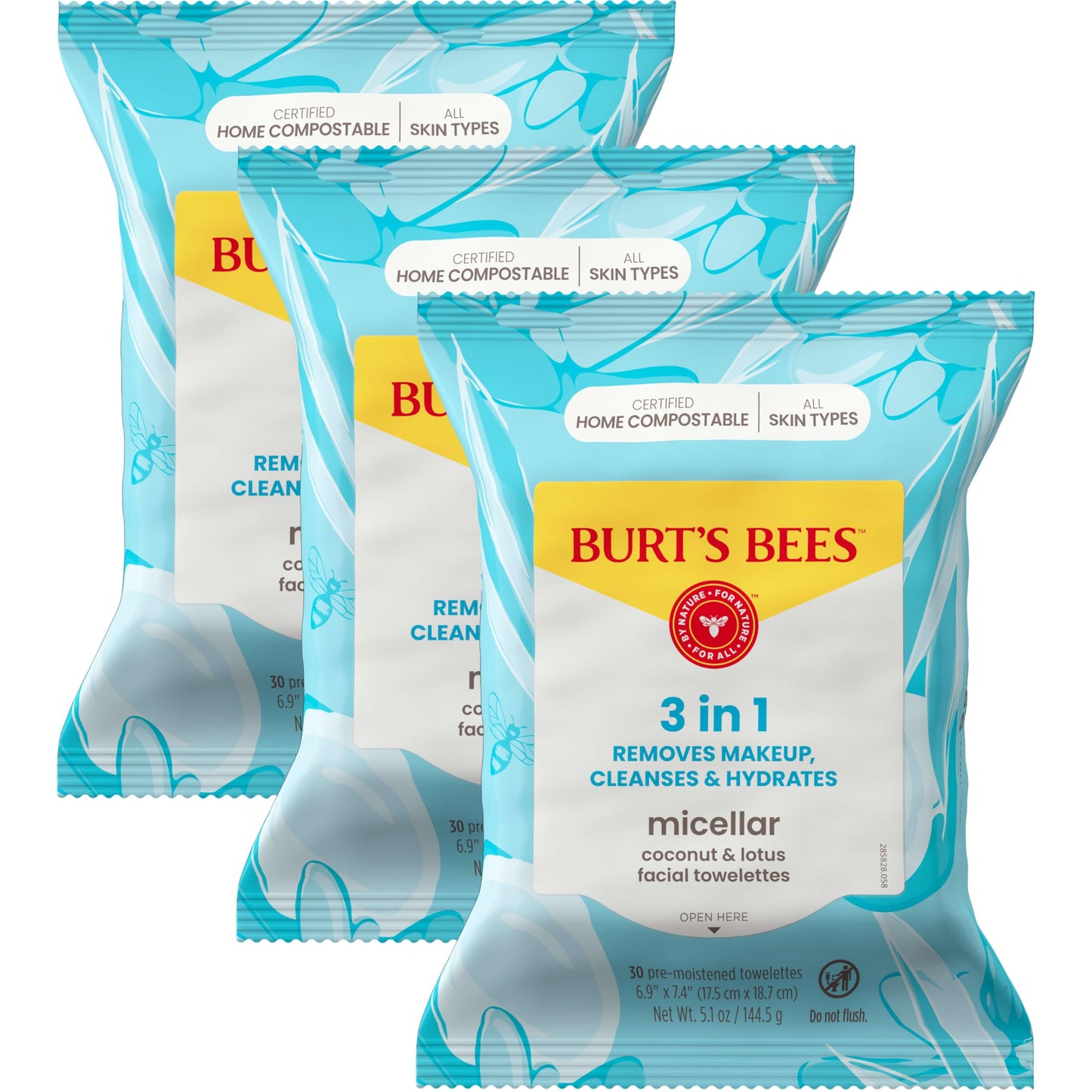 Burt's Bees Sensitive and Micellar Facial Towelettes With Aloe Vera and Rose Water, Pre-Moistened Towelettes for All Skin Types, 30 ct. Package (2 Pack) + 10 ct. Package