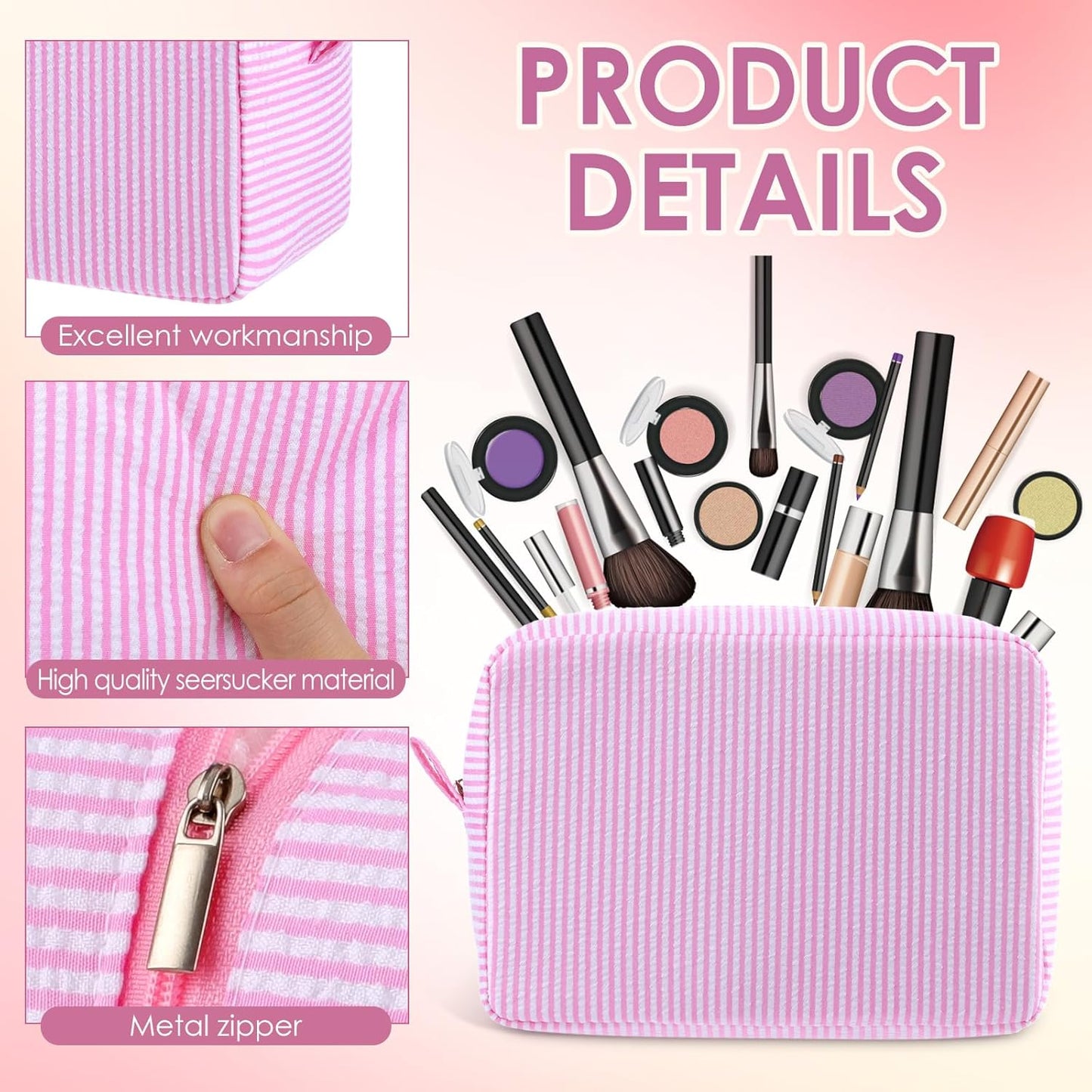 Seersucker Cosmetic Bag - Cute Striped Makeup Organizer for Women | Large Macaron Color Travel Pouch
