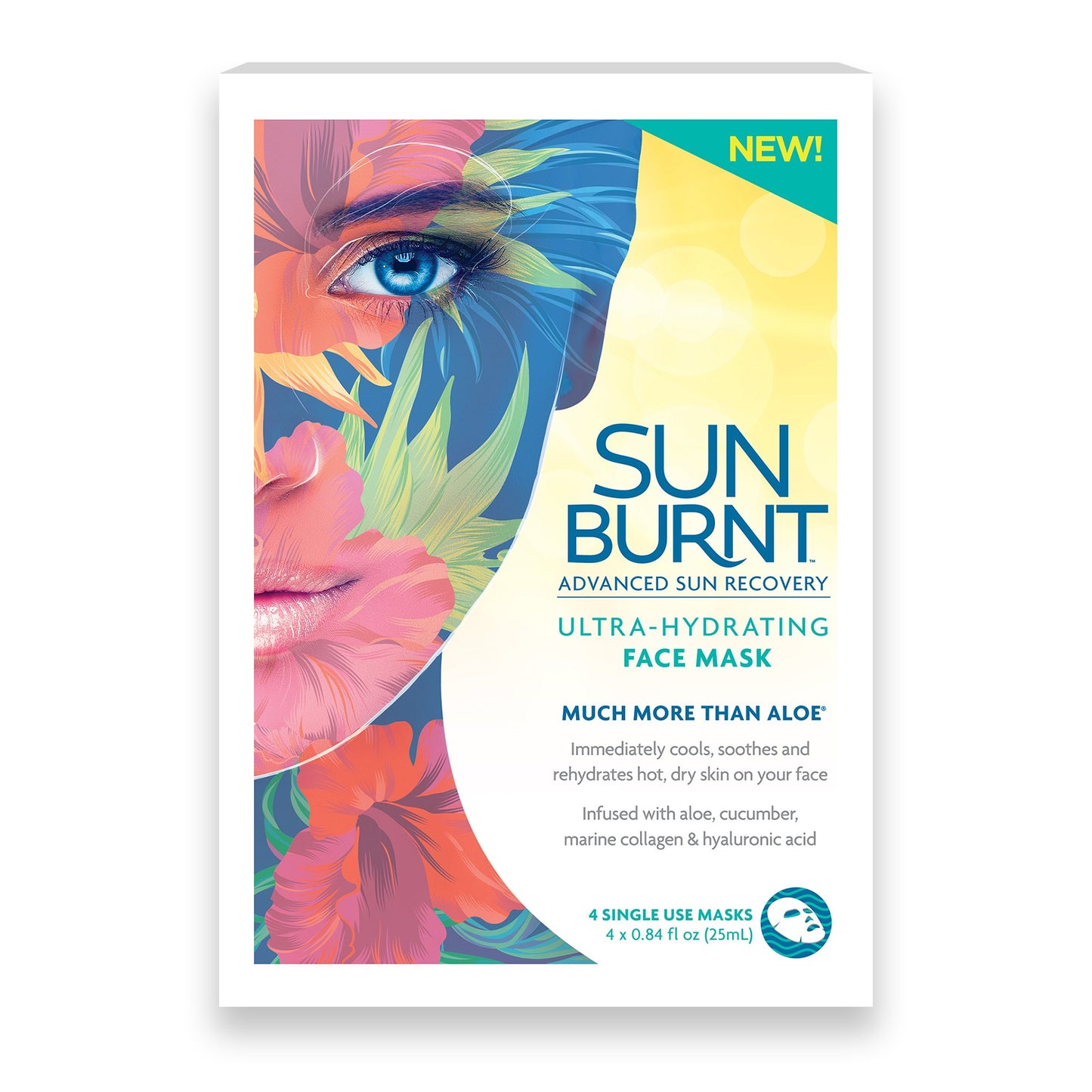 Sunburnt Ultra-Hydrating Face Sheet Mask, Advanced Sun Recovery, Treat Dry Sun Damaged Skin, For After Sun Exposure, Much More than Aloe, Soothes and Rehydrates Hot Dry Skin (4 single use masks)