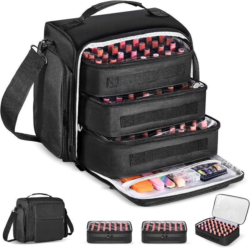 Nail Polish Organizer Case - Extra Large 105 Bottle Capacity | 3 Removable Pouches for Manicure Tools & Supplies