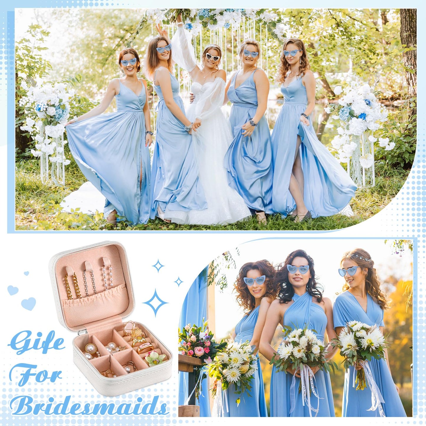 Hotop 24 Pcs Bridesmaid Proposal Gifts Set, 6 Mini Jewelry Box, 6 Satin Bridesmaid Scrunchies, 6 Bachelorette Sunglasses, 6 Square Hair Clips for Bridal Shower Wedding Party Favors (White, Blue)