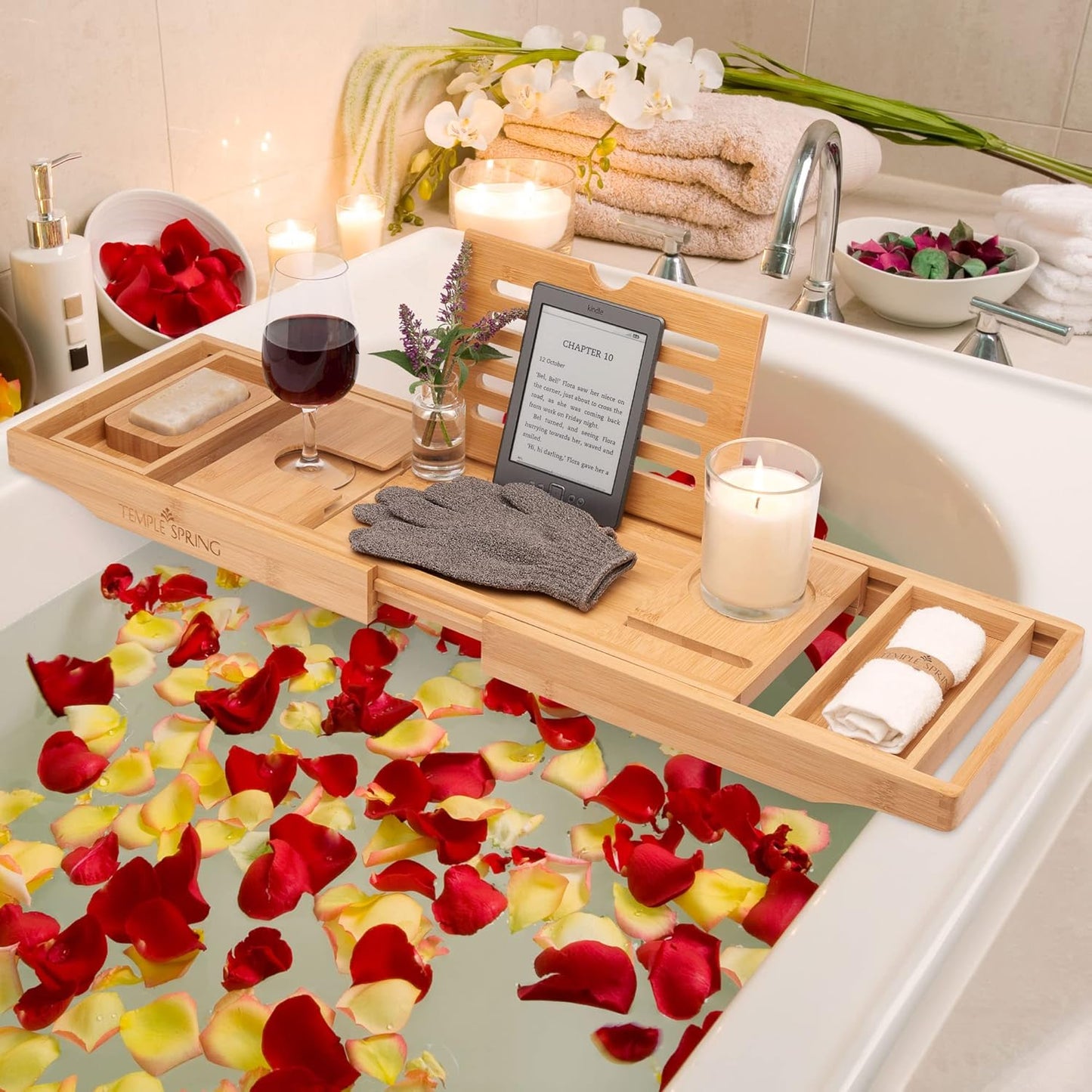 Bamboo Bathtub Tray Caddy - Expandable Wood Bath Tray with Book Stand & Wine Holder | Luxury Spa Gift Set