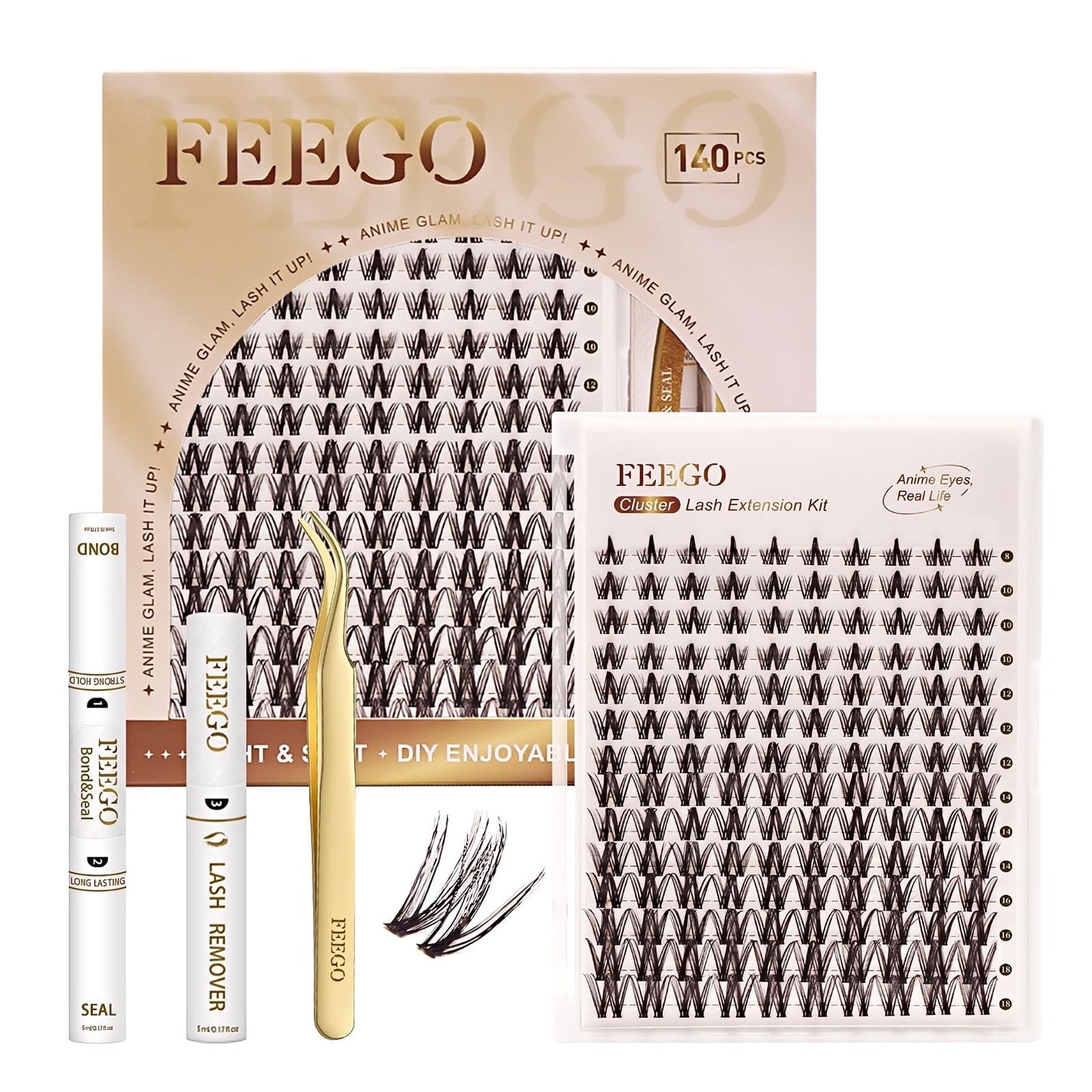 FEEGO Natural Lash Extension Kit 168Pcs Lash Clusters Kit Wispy Eyelash Extensions Individual Lashes Extensions with Bond and Seal Lash Glue and Eyelash Extension Tweezers DIY (MAGIC GIRL KIT - B)