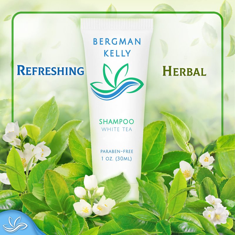 BERGMAN KELLY - Travel Size Hotel Shampoo - 1 fl oz, 100 PK, White Tea - Delight Your Guests with Revitalizing & Refreshing Hair Cleanser for Guest Hospitality - Mini & Small Size Shampoo in Bulk