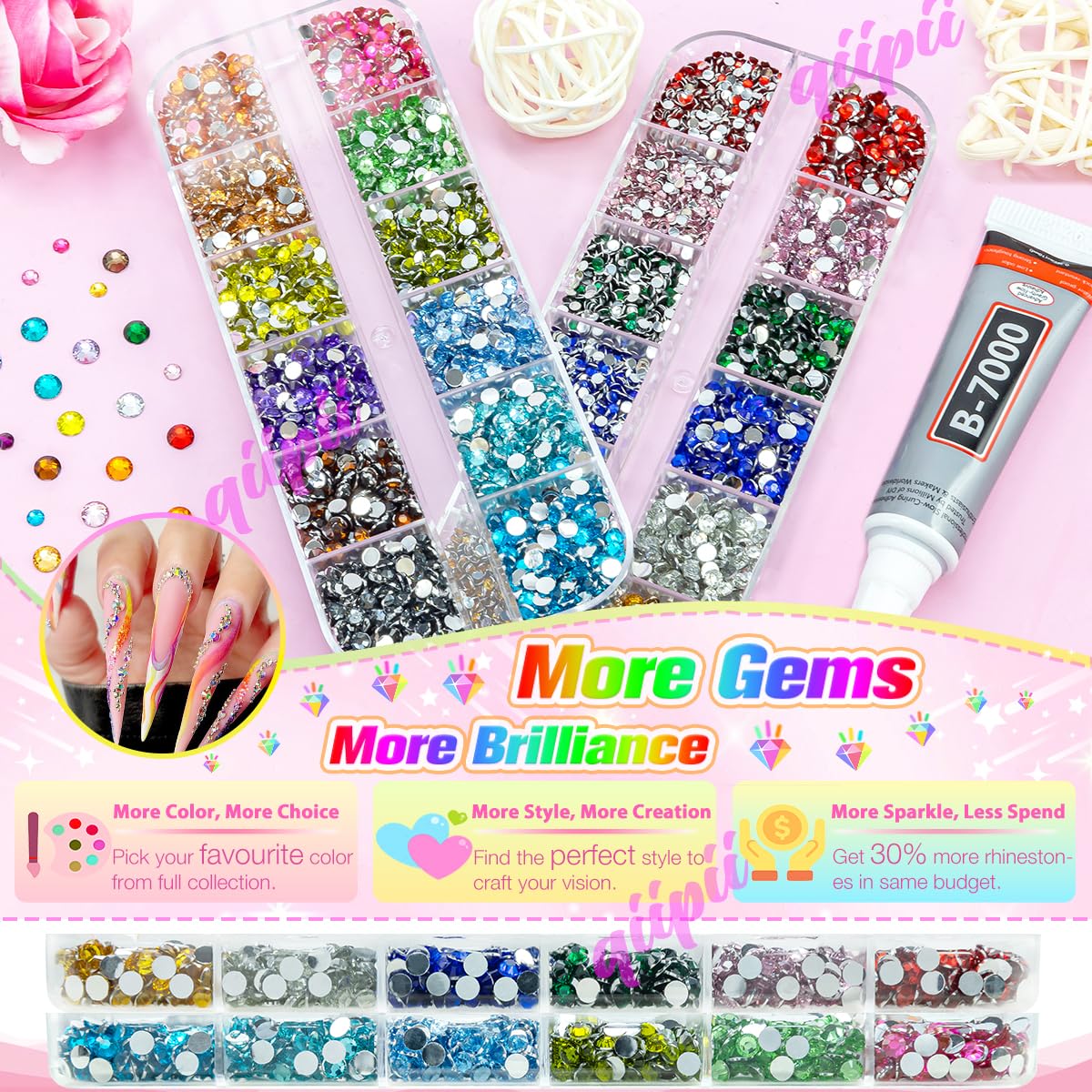 qiipii 18 Colors Crystal Resin Rhinestones 2mm 3mm Rainbow Colorful Flatback Stones Non-Hotfix Gems Diamonds Charms Supplies for Nails Eyes Face Makeup Crafting Tumblers Bottles Crafts Shoes Clothes