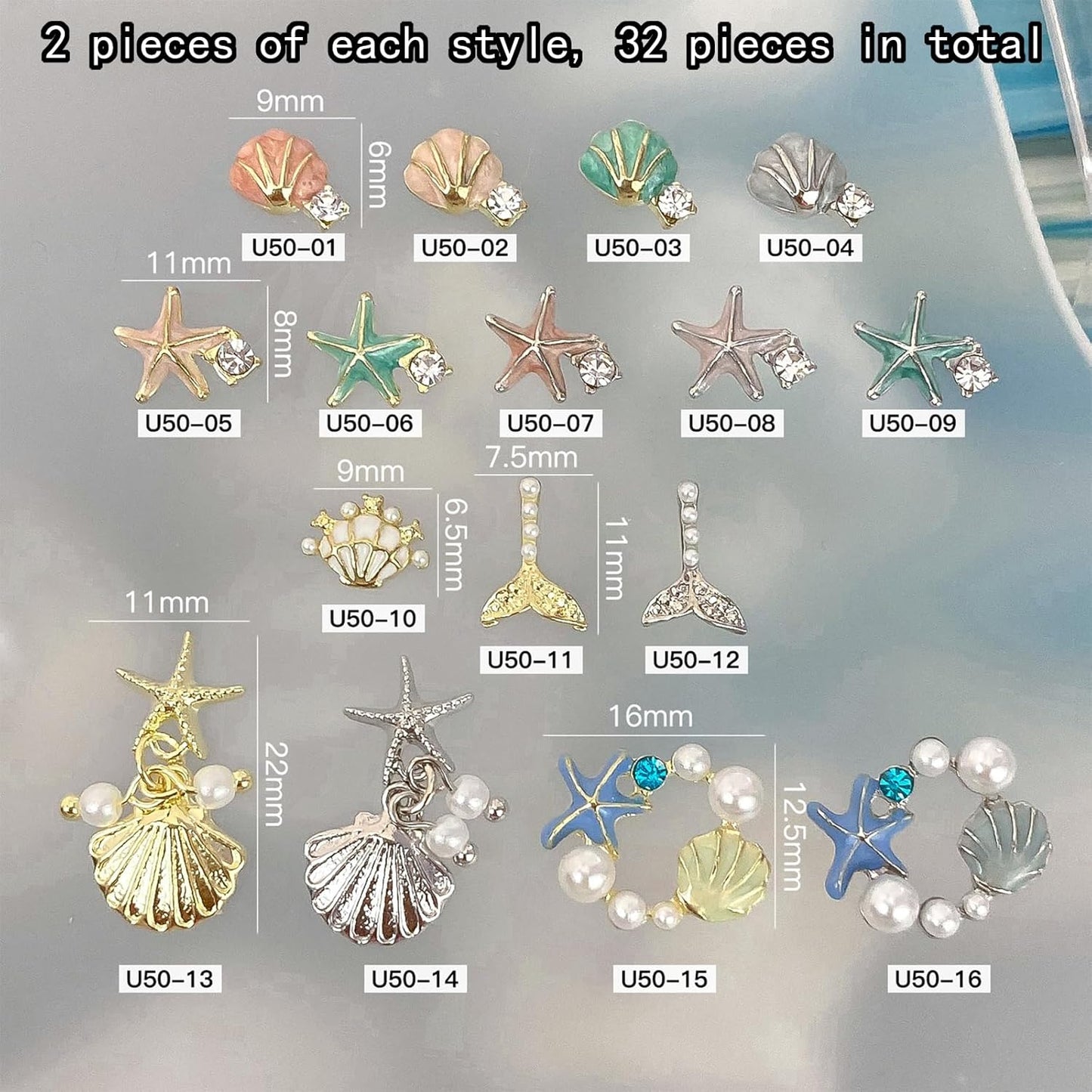 3D Summer Beach Nail Charms - 32PCS Ocean Theme Rhinestones & Shells for DIY Manicure Decor | Perfect for Nail Art Designs