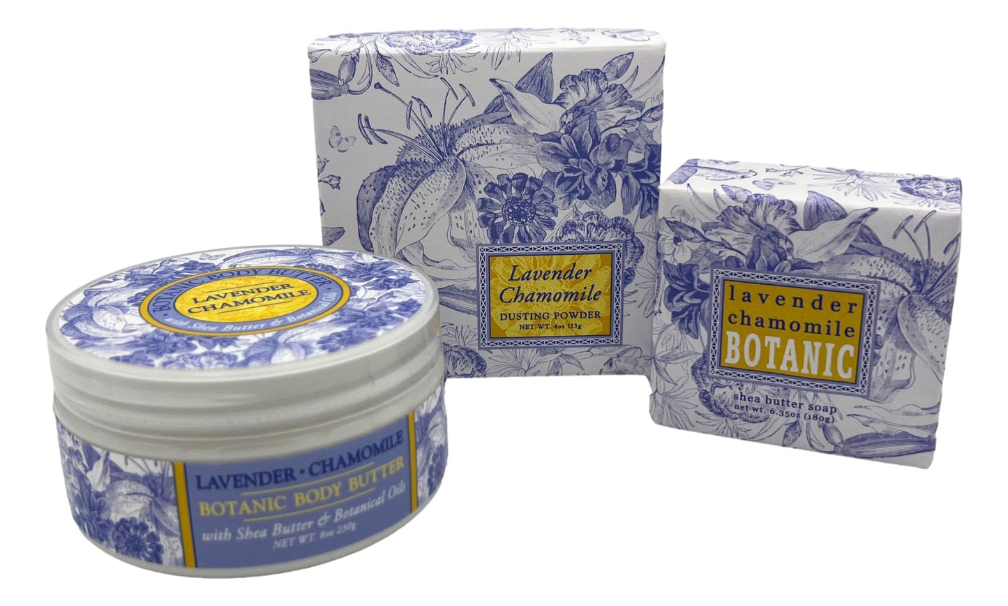 Greenwich Bay LAVENDER CHAMOMILE 3 Piece Beauty Gift Set of : BODY BUTTER, SPA SOAP, and DUSTING POWDER