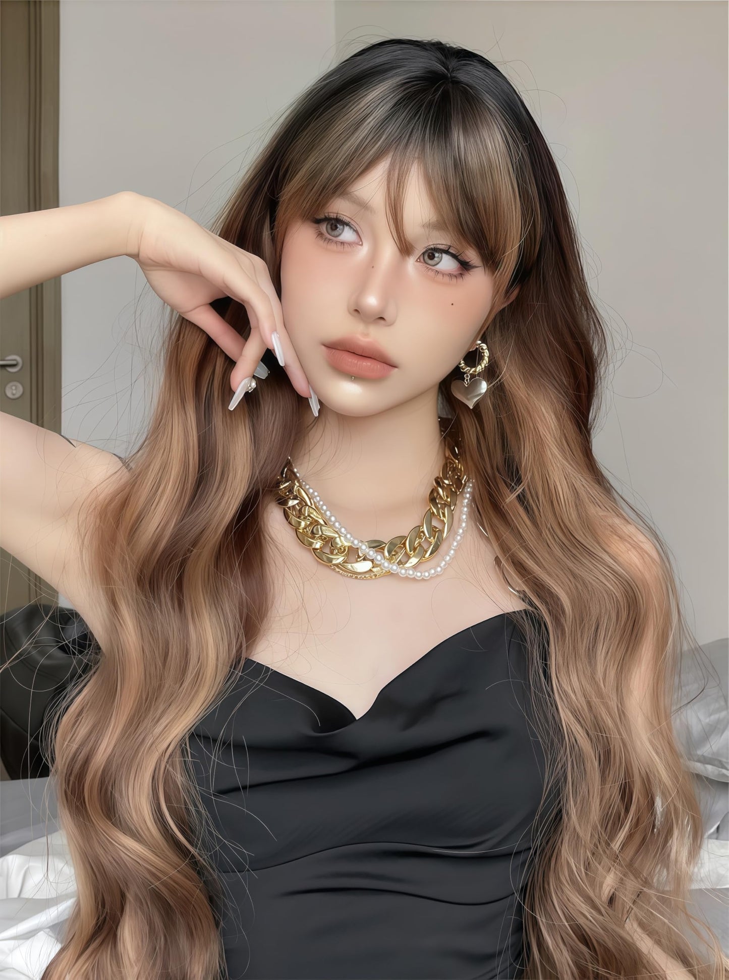 Aadesso Rust Brown Long Straight Wig 65cm Blunt Bangs Daily Synthetic Hair for Women East Asian Fashion K-pop Style Warm Earthy Heat Resistant wig cap (25.6 Inch)