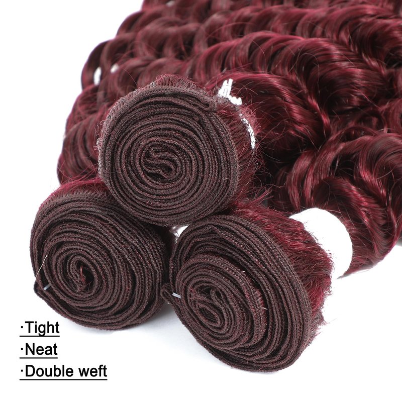 REMY HAIR FASHION Human Hair Bundles Red Deep Wave Bundles Colored #99j Burgundy Deep Weave One Bundle 14 Inch Brazilian Virgin Human Hair Extensions for Black Women
