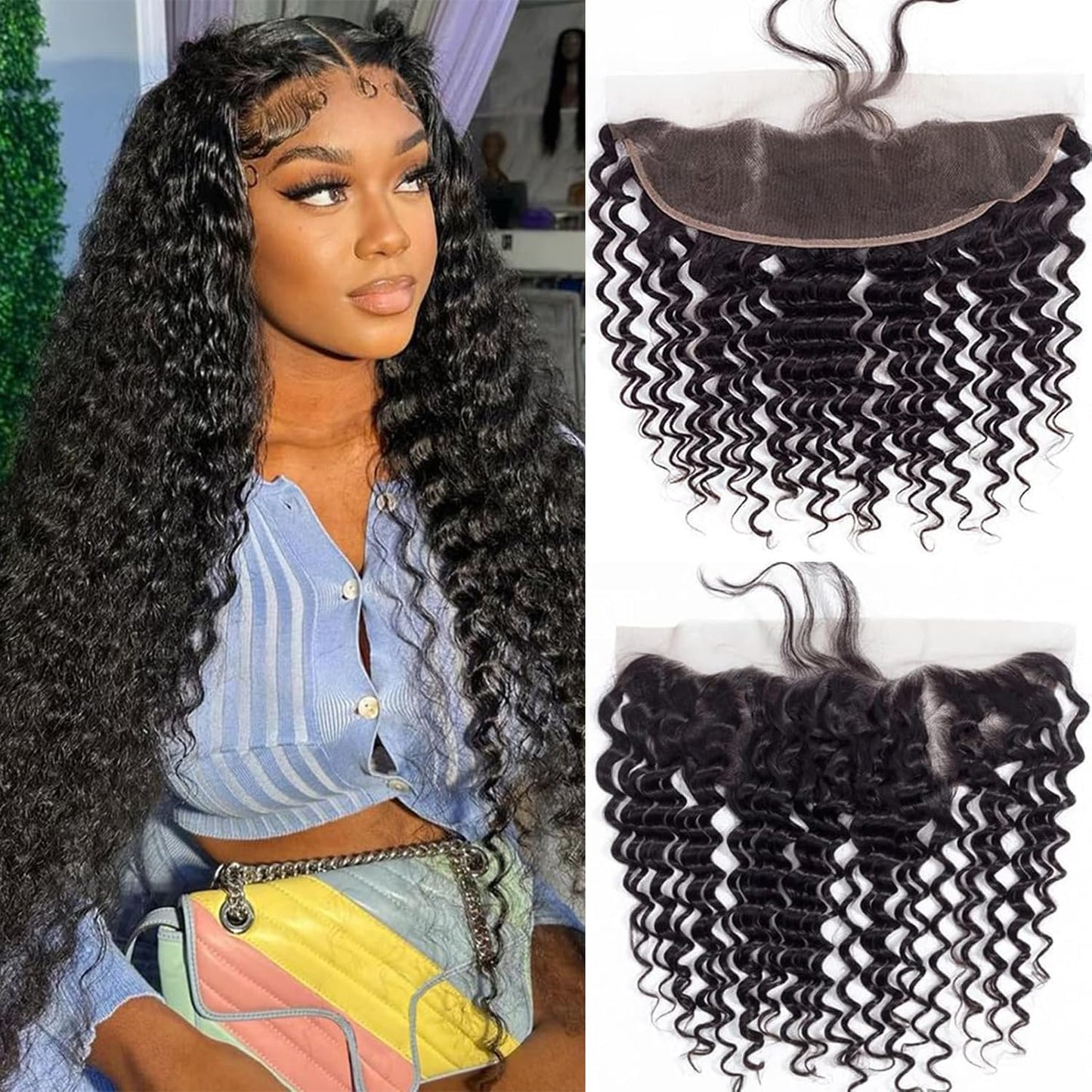 Deep Wave Lace Frontal Closure - 13x4 HD Lace 16 Inch Brazilian Curly Virgin Human Hair Extensions | Pre-Plucked, Natural Black, 150% Density