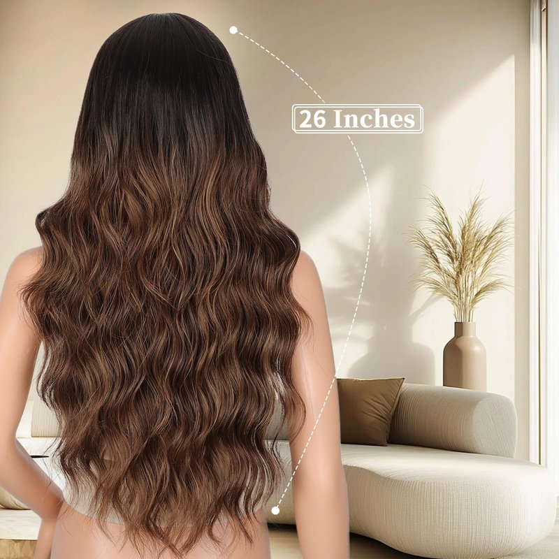 XIXIBI Long Brown Wigs for Women Ombre Brown with Blonde Highlights Wavy Wig Synthetic Middle Part Natural Looking Heat Resistant Wigs for Daily Party Use