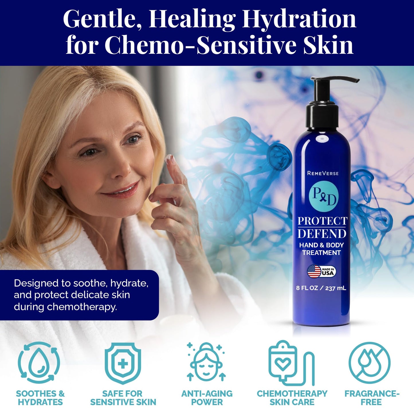 RemeVerse Protect & Defend Hand and Body Treatment Lotion - Moisturizer for Chemotherapy and Sensitive Skin - Hydrating and Nourishing Body Skin Care - Gentle & Fragrance-Free - Made in USA - 8 oz